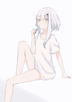 1girl absurdres arm_support bare_legs blush brown_eyes closed_mouth collarbone fate/grand_order fate_(series) feet_out_of_frame food grey_hair highres holding holding_food knee_up long_hair looking_at_viewer melusine_(fate) notice_lines popsicle riya_(01214) shirt short_sleeves sitting small_sweatdrop solo sweat white_background white_shirt