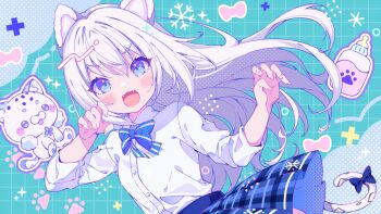 1girl :3 :d animal_ears baby_bottle blue_bow blue_bowtie blue_eyes blue_skirt blush bottle bow bowtie collared_shirt commentary_request cowboy_shot fangs green_background grid_background kohaku_nene la_peche_party leopard_ears leopard_girl leopard_tail long_hair long_sleeves looking_at_viewer open_mouth plaid_clothes plaid_skirt pleated_skirt school_uniform shirt skirt smile solo striped_bow striped_bowtie striped_clothes tail tail_bow tail_ornament tatejima_uri virtual_youtuber white_hair white_shirt