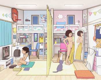1boy 1girl absurdly_detailed_composition blue_male_underwear breasts brother_and_sister brown_hair carpet cat chabudai chair clothed_male_nude_female completely_nude curtains desk female_pubic_hair fixed-point_camera indoors kiyo_(kyokyo1220) korilakkuma loaded_interior loft_bed male_underwear mirror nipples nude ohtani_shohei on_floor original pornography poster_(object) pubic_hair reflection rilakkuma san-x shirt short_hair siblings sitting small_breasts smile stuffed_animal stuffed_toy table teddy_bear television time_lapse tissue_box towel underwear watching_television white_shirt window