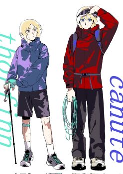 2boys backpack bag blonde_hair blue_eyes cane canute character_name contemporary eyelashes facial_scar fingerless_gloves full_body gloves goggles goggles_on_head height_difference looking_at_another looking_at_viewer male_focus multiple_boys multiple_scars pants phantomnotnot rope scar scar_on_cheek scar_on_face scar_on_leg shoes shorts simple_background sneakers standing thorfinn vinland_saga white_background
