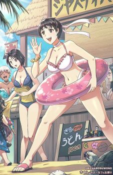 5girls anita_(darkstalkers) bikini black_hair braid breasts capcom cleavage dark-skinned_female dark_skin elena_(street_fighter) feet flip-flops floral_print flyer frilled_bikini frills innertube jewelry justice_gakuen kasugano_sakura kazama_akira large_breasts medium_breasts minazuki_kyoko multiple_girls neck_ring open_mouth richard_suwono sandals short_hair smile standing street_fighter street_fighter_iii_(series) street_fighter_zero_(series) swim_ring swimsuit turtle darkstalkers white_hair