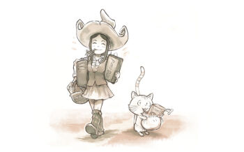 1girl basket battery breasts cable cat checkered_clothes closed_eyes cpu david_revoy frilled_shirt frills full_body hat holding large_breasts leg_warmers looking_at_viewer medium_hair miniskirt monochrome path pencil pepper&amp;carrot pepper_(pepper&amp;carrot) road shirt shoes skirt smile vest witch_hat