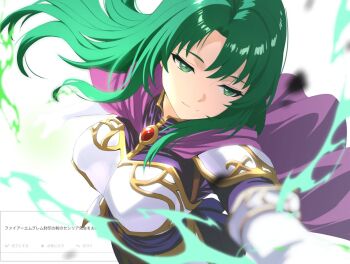 1girl ahonoko armor breastplate breasts cape cecilia_(fire_emblem) cleavage closed_mouth dress elbow_gloves fire_emblem fire_emblem:_the_binding_blade gem gloves green_eyes green_hair large_breasts long_hair long_sleeves nintendo purple_cape purple_dress red_gemstone solo white_armor white_gloves