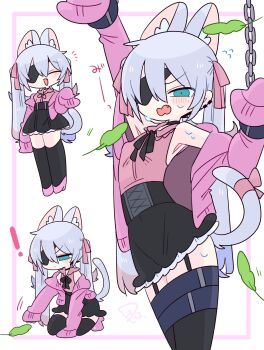 ! 1boy animal_ears blue_eyes blush cat_boy cat_ears cat_tail chain crossdressing crossdressing_(mtf) dress eyepatch fang frilled_dress frills highres jacket long_hair male_focus multiple_views narrowed_eyes op_na_yarou open_clothes open_jacket open_mouth original rigel_(op_na_yarou) sweat tail thighhighs tickling tickling_armpits tickling_ears tickling_tail trap twintails white_background white_hair