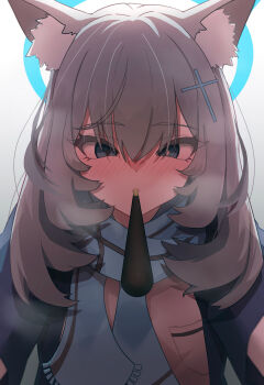 1girl absurdres animal_ears blue_archive grey_hair halo highres horusu medium_hair pocky_day pov scarf school_uniform shiroko_(blue_archive) simple_background white_background wolf_ears yukadon
