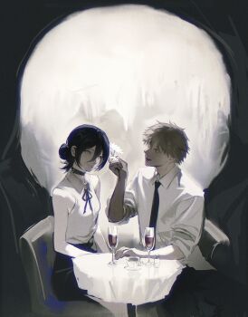 1boy 1girl absurdres alcohol arm_on_table bare_arms black_background black_choker black_hair black_necktie black_ribbon black_shorts brown_hair chainsaw_man chair champagne_flute choker coffee_mug collared_shirt commentary cup daisy_(flower) denji_(chainsaw_man) double-parted_bangs dress_shirt drinking_glass english_commentary eye_contact fine_art_parody flower french_commentary hair_between_eyes hair_bun hair_flower hair_ornament hand_up highres l&#039;amour_de_pierrot long_hair_between_eyes looking_at_another looking_to_the_side mug muted_color neck_ribbon necktie on_chair optical_illusion parody profile restaurant reze_(chainsaw_man) ribbon saucer sharp_teeth shirt short_hair shorts shouka_(ly880217) single_hair_bun sitting skull sleeveless sleeveless_shirt table tablecloth teeth three-quarter_sleeves upper_teeth_only very_short_hair white_flower white_shirt wine wing_collar