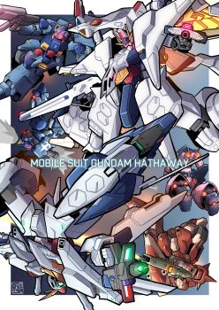 Rule 34 | absurdres, aiming, army, artist name, assault visor, battle, beam cannon, beam rifle, cable, commentary, earth federation, energy beam, energy gun, english commentary, english text, firing, fleet, flipped, flying, gundam, gundam hathaway's flash, gustav karl, gylmyr, highres, holding, holding weapon, mecha, mecha focus, messer (mobile suit), messer emerelda zubin custom, mobile suit, muzzle flash, no humans, penelope (hathaway's flash), red visor, robot, science fiction, shield, thrusters, title, upside-down, v-fin, war, weapon, xi gundam