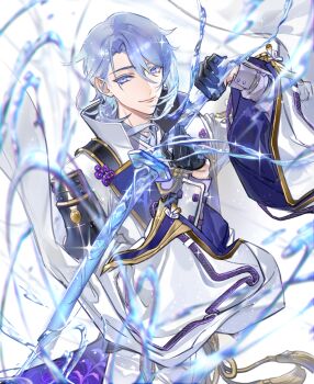 1boy arm_guards armor asymmetrical_armor asymmetrical_hair black_armor black_gloves blue_hair blurry closed_mouth coat colored_eyelashes colored_lapels curtained_hair depth_of_field genshin_impact gloves gold_trim hair_between_eyes hair_over_shoulder half_gloves hands_up highres holding holding_sword holding_weapon hydrokinesis japanese_armor kamisato_ayato lapels liquid_weapon long_sleeves looking_at_viewer male_focus medium_hair mole mole_under_mouth open_clothes open_coat pants parted_bangs popped_collar purple_eyes purple_shirt ribbon-trimmed_sleeves ribbon_trim shirt shoulder_armor single_sode smile sode solo sword tailcoat tassel two-sided_coat two-sided_fabric water weapon white_background white_coat white_pants wide_sleeves xrjingx