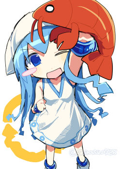 1girl ;d blue_eyes blue_hair blush_stickers hat highres ikamusume long_hair looking_at_viewer nm_shirasu one_eye_closed open_mouth shinryaku!_ikamusume shrimp smile solo squid_girl squid_hat tentacle_hair twitter_username