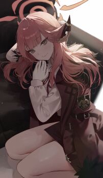 Rule 34 | 1girl, absurdres, aru (blue archive), backlighting, blonde hair, blue archive, blush, chair, closed mouth, coat, coat on shoulders, collared shirt, feet out of frame, gloves, halo, head tilt, highres, horns, long hair, long sleeves, neck ribbon, pink hair, red coat, ribbon, shirt, sitting, smile, solo, white gloves, white shirt, yogukasu, yokozuwari