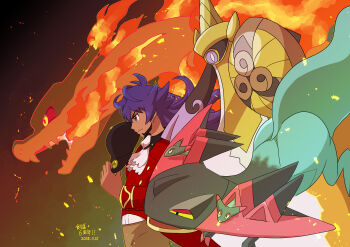 1boy aegislash ascot black_hat brown_eyes brown_pants buttons charizard closed_mouth commentary_request dated dragapult enohito facial_hair floating_hair gen_1_pokemon gen_6_pokemon gen_8_pokemon hat highres holding holding_unworn_clothes holding_unworn_hat jacket leon_(pokemon) long_hair looking_down male_focus nintendo pants pokemon pokemon_(creature) pokemon_swsh purple_hair red_jacket tailcoat unworn_hat unworn_headwear white_ascot