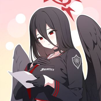 angel angel_wings black_hair blue_archive blush choker game_cg hair_between_eyes halo happy hasumi_(blue_archive) light_blush light_smile long_hair mole mole_under_eye non-web_source note official_art reading red_eyes school_uniform smile wings