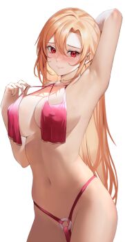 1girl angelica_rapha_redgrave armpits bare_shoulders bikini blonde_hair blush closed_mouth collarbone embarrassed feet_out_of_frame female_focus hair_between_eyes highres kameponde long_hair looking_at_viewer navel otome_game_sekai_wa_mob_ni_kibishii_sekai_desu panties red_eyes solo solo_focus string_bikini string_panties swimsuit teasing thighs underwear very_long_hair wide_hips