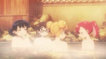 4girls animated anime_screenshot arato_nagi back black_hair blonde_hair breasts brown_hair closed_eyes collarbone completely_nude double_bun earrings floating_breasts glasses hair_bun highres imari_youko jewelry large_breasts long_hair multiple_girls nude onsen partially_submerged ponytail red_hair ruri_no_houseki same-sex_bathing seto_shouko shared_bathing short_hair shoulder_blades small_breasts sound steam tagme tanigawa_ruri video water