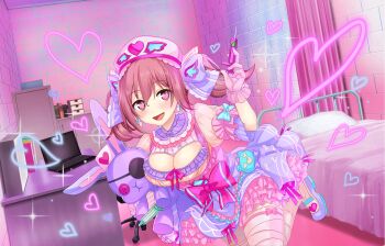 1girl bed bow breasts cleavage clothing_cutout computer dress game_cg hat heart heart-shaped_eyes highres holding holding_needle indoors laptop large_breasts looking_at_viewer moe!_ninja_girls moe!_ninja_girls_rpg momochi_myu needle nurse nurse_cap official_alternate_costume official_art open_mouth pillow pink_eyes standing standing_on_one_leg third-party_source