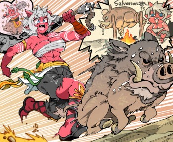 1girl abs action_lines animal arm_tattoo bandaged_chest blue_eyes blush boar breasts brown_fur bump club_(weapon) colored_skin cross_scar dreaming fangs fantasy fleeing holding holding_weapon hooves horns hunter kafun large_breasts looking_down muscular muscular_female nightmare oni open_mouth original pants pig pointy_ears red_skin running saliva sandals scar scared smile speech_bubble tattoo teeth torn_clothes upper_teeth_only weapon