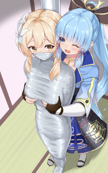 1852489 2girls :d absurdres ayaka_(genshin_impact) bdsm blonde_hair blue_eyes blue_hair bound bow commentary_request duct_tape fingerless_gloves flower gag gagged genshin_impact gloves groping hair_bow hair_flower hair_ornament highres improvised_gag long_hair looking_at_another lumine_(genshin_impact) mole mole_under_eye multiple_girls mummification_(bound) one_eye_closed open_mouth ponytail short_hair_with_long_locks smile standing tape tape_bondage tape_gag variant_set very_long_hair yellow_eyes