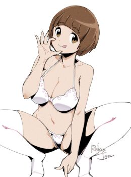 1girl blunt_bangs bob_cut bra breasts brown_eyes brown_hair cleavage collarbone commentary cowboy_shot english_commentary fellatio_gesture heart heart_print heart_print_panties highres kill_la_kill large_breasts looking_at_viewer mankanshoku_mako navel panties print_panties relaxjon signature simple_background solo thighhighs thighs tongue tongue_out underwear underwear_only white_bra white_panties white_thighhighs