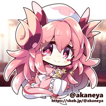 1girl akaneya blush brushing_hair chibi commission dragon_girl dragon_horns dragon_tail duel_monster full_body horns lowres nurse nurse_dragonmaid pink_eyes pink_hair pink_tail skeb_commission solo tail thighhighs twitter_username white_thighhighs yu-gi-oh!