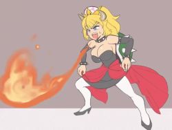 1girl animated armlet bare_shoulders black_collar black_dress black_footwear blonde_hair blue_eyes blue_gemstone blush bowsette bracelet breasts breath_weapon breathing_fire bursting_breasts cleavage closed_eyes clothes_lift collar crown detached_sleeves dress fighting_stance fire flat_color forked_eyebrows from_side full_body gameplay_mechanics gem grey_background half-closed_eyes high_heels high_ponytail horns imaani jewelry large_breasts legs_apart long_sleeves looking_afar mario_(series) medium_hair nail_polish new_super_mario_bros._u_deluxe nintendo open_mouth pantyhose ponytail princess red_skirt sharp_teeth short_dress showgirl_skirt simple_background sketch skirt skirt_hold skirt_lift smile solo spiked_armlet spiked_bracelet spiked_collar spiked_shell spikes squatting strapless super_crown super_smash_bros. sweat teeth thick_eyebrows turtle_shell v-shaped_eyebrows video white_nails white_pantyhose wince wind wind_lift