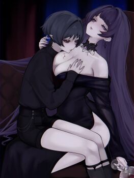 1boy 1girl absurdly_long_hair alternate_costume alternate_eye_color alternate_species ange510763 arm_at_side artist_name bare_shoulders bite_mark bite_mark_on_breast black_collar black_dress black_hair black_shirt black_shorts black_sleeves blood blood_on_breasts blunt_bangs blunt_ends breast_biting breasts cleavage collar contemporary couch cup curtains detached_collar dress earrings eyelashes fingernails formal_clothes genshin_impact glass grabbing_another&#039;s_breast grey_lips groping half-closed_eyes hand_on_another&#039;s_nape hetero highres holding holding_cup incest indoors jewelry lace-trimmed_collar lace_trim large_breasts legs_together long_hair long_sleeves looking_at_viewer mole mole_under_eye mother_and_son off_shoulder pale_skin parted_lips purple_eyes purple_hair purple_nails raiden_shogun red_eyes scaramouche_(genshin_impact) sharp_fingernails shirt shorts side_slit sidelocks sitting sitting_on_lap sitting_on_person sway_back swept_bangs turtleneck turtleneck_shirt vampire very_long_hair white_mouth wispy_bangs