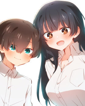 1boy 1girl absurdres black_hair blush boku_no_kokoro_no_yabai_yatsu breast_pocket breasts brown_eyes brown_hair cleavage closed_mouth collared_shirt commentary_request green_eyes highres ichikawa_kyoutarou large_breasts long_hair looking_at_viewer nyaa_(nnekoron) open_mouth pocket school_uniform shirt short_hair simple_background smile upper_body white_background white_shirt yamada_anna
