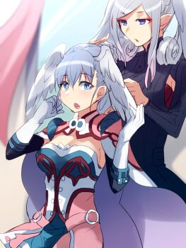 2girls aburai_yui black_dress blue_eyes blurry blurry_background breasts commentary_request curly_hair dress eyeshadow grey_hair head_wings highres large_breasts long_hair makeup melia_antiqua multiple_girls open_mouth red_eyeshadow shrug_(clothing) sitting standing tyrea_(xenoblade) wings xenoblade_chronicles_(series) xenoblade_chronicles_1
