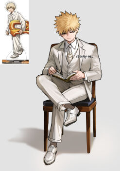 Rule 34 | 1boy, absurdres, ahfish, bakugou katsuki, blonde hair, boku no hero academia, book, closed mouth, collared shirt, commentary, crossed legs, dress shoes, facial scar, formal clothes, full body, grey background, grey socks, highres, holding, holding book, jacket, lapels, male focus, necktie, notched lapels, open book, open clothes, open jacket, pants, reading, red eyes, reference inset, scar, scar on cheek, scar on face, shirt, shoes, short hair, sitting, socks, solo, spiked hair, star (symbol), suit jacket, untranslatable commentary, vest, white jacket, white necktie, white pants, white shirt, white shoes, white vest, wing collar