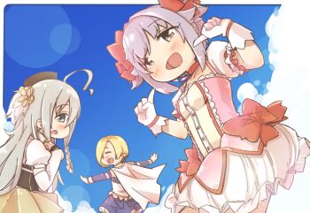 3girls ahoge blonde_hair blue_skirt blue_sky blush bow breasts brown_eyes brown_skirt cape cloud cosplay day detached_sleeves gloves grey_eyes grey_hair hair_between_eyes hair_over_one_eye hands_up highres hoshi_syoko idolmaster idolmaster_cinderella_girls kaname_madoka kaname_madoka_(cosplay) kaname_madoka_(magical_girl) kawaii_boku_to_142&#039;s_(idolmaster) koshimizu_sachiko long_hair long_sleeves mahou_shoujo_madoka_magica miki_sayaka miki_sayaka_(cosplay) miki_sayaka_(magical_girl) multiple_girls outdoors outstretched_arms pleated_skirt puffy_long_sleeves puffy_short_sleeves puffy_sleeves red_bow shirasaka_koume shirt short_eyebrows short_hair short_sleeves skirt sky small_breasts spread_arms thick_eyebrows tomoe_mami tomoe_mami_(cosplay) tomoe_mami_(magical_girl) very_long_hair white_cape white_gloves white_shirt white_skirt white_sleeves yukie_(kusaka_shi)