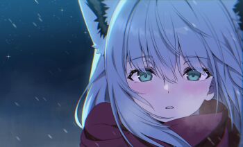 1girl animal_ears aqua_eyes braid commentary double-parted_bangs fox_ears fox_girl hair_between_eyes highres hololive kumarang long_hair looking_at_viewer night outdoors parted_lips red_scarf scarf shirakami_fubuki side_braid sidelocks single_braid snowing solo virtual_youtuber white_hair