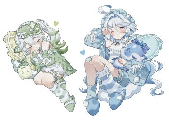 2girls absurdres ahoge alternate_costume aranara_(genshin_impact) bare_shoulders blue_eyes blue_pupils blue_slippers blush bow closed_eyes closed_mouth commentary eye_mask furina_(genshin_impact) genshin_impact green_hair green_slippers hair_ornament hairclip hand_up hat highres leaf_hair_ornament long_sleeves lying mask mob_cap multicolored_hair multiple_girls nahida_(genshin_impact) on_side one_eye_closed pointy_ears shirt side_ponytail simple_background sleeping sleepy sleeveless sleeveless_shirt slippers socks sorani_(kaeru0768) surintendante_chevalmarin thigh_strap white_background white_bow white_hair white_shirt