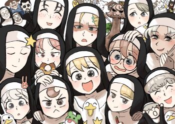 2boys 6+girls :< absurdres baby_animal barn_owl bird blonde_hair broccoli brown_hair bunny_nun_(diva) chili_pepper closed_eyes clumsy_nun_(diva) diva_(hyxpk)_(style) dobermann duck father_(diva) freckles_nun_(diva) frog froggy_nun_(diva) glasses_nun_(diva) grey_hair habit hair_ornament hand_puppet highres hungry_nun_(diva) lamb leaf_nun_(diva) little_nuns_(diva) mole mother_superior_(diva) multiple_boys multiple_girls music_hour nun ostrich owl puppet rabbit_hair_ornament sheep sheep_nun_(diva) smile smug_nun_(diva) spicy_nun_(diva) star_nun_(diva) strict_nun_(diva) stuffed_animal stuffed_frog stuffed_toy traditional_nun upper_body
