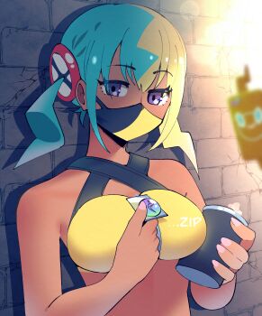 1girl absurdres bandeau blonde_hair blue_hair breasts canari_(pokemon) commentary dark-skinned_female dark_skin english_commentary fingernails gen_4_pokemon gjh highres large_breasts looking_at_viewer mask mega_stone mouth_mask multicolored_hair nintendo pokemon pokemon_legends:_z-a purple_eyes rotom rotom_phone short_hair solo split-color_hair two-tone_hair yellow_bandeau