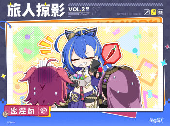 Rule 34 | 3girls, ahoge, black shorts, blonde hair, blue hair, box, candy, chili pepper, chinese commentary, chinese text, chupa chups, clueless, collared shirt, commentary request, copyright notice, cropped shirt, deformed, english text, flying sweatdrops, food, goggles, goggles on head, grin, hair between eyes, highres, holding, holding box, holding candy, holding food, holding lollipop, lollipop, long hair, midriff, minova (stella sora), mouth hold, multicolored hair, multiple girls, neuvira (stella sora), notice lines, official art, outline, overskirt, pleated skirt, ponytail, purple hair, purple skirt, red hair, second-party source, shirt, shiyoheee, shorts, skirt, smile, stella sora, streaked hair, sweat, teeth hold, translation request, turn pale, two-tone hair, two side up, v-shaped eyebrows, very long hair, vollara (stella sora), white outline, white shirt