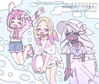 3girls alternate_costume ball beachball blonde_hair blush_stickers bracelet chibi closed_eyes dark-skinned_female dark_skin dress hat jacinthe_(pokemon) jewelry jumping lacey_(pokemon) long_hair mina_(pokemon) multiple_girls open_mouth paint_in_hair pink_hair pokemon pokemon_legends:_z-a pokemon_scarlet_and_violet pokemon_sun_and_moon purple_hair remoooon sandals see-through_clothes see-through_shirt shirt shorts smile sun_hat sundress sweat tied_shirt water