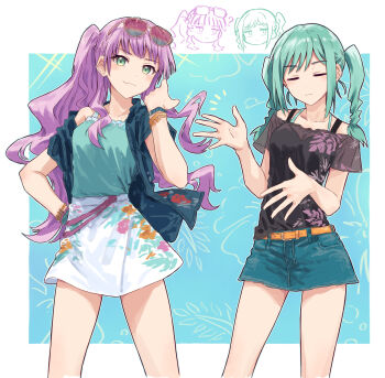 2girls aqua_hair aqua_tank_top bare_shoulders belt black_tank_top blue_background blue_shirt bracelet braid breasts chibi chibi_inset cleavage closed_eyes closed_mouth collarbone commentary cowboy_shot denim denim_skirt dress_shirt eyewear_on_head fashion floral_print glasses green_eyes hand_up highres jewelry jitome leaf_print long_hair love_live! love_live!_superstar!! medium_breasts miniskirt multicolor-tinted_eyewear multicolored_skirt multiple_girls notice_lines off-shoulder_shirt off_shoulder onitsuka_tomari ponytail purple_hair revision see-through_cleavage see-through_clothes shirt short_sleeves side-by-side sidelocks single_bare_shoulder skirt smug sparkle standing summer tank_top tinted_eyewear twin_braids twintails very_long_hair wavy_hair white_skirt wien_margarete yukitake_(bullfalk)