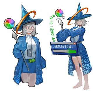 1girl absurdres barefoot blue_coat blue_hat blue_skirt closed_eyes closed_mouth coat commentary cropped_legs cursor english_commentary feet full_body grey_hair hat highres holding holding_wand id_card long_sleeves microsoft_windows multiple_views open_mouth original pencil_skirt personification print_coat short_hair simple_background skirt standing w3nzee wand white_background window_(computing) wizard wizard_hat yellow_eyes