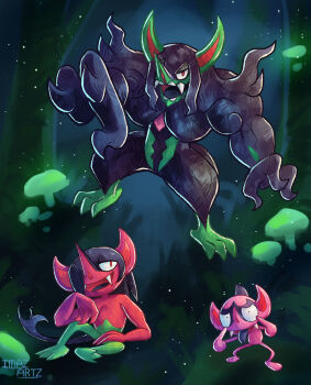 artist_name colored_tongue commentary english_commentary evolutionary_line fangs full_body gen_8_pokemon grass grimmsnarl hair_over_one_eye imazartz impidimp morgrem mushroom nintendo outdoors pointy_ears pointy_nose pokemon pokemon_(creature) pokemon_focus purple_tongue red_eyes sitting standing teeth tongue tongue_out tree