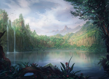 blue_sky branch cloud cloudy_sky commentary english_commentary flock flower forest highres jjcanvas lake landscape leaf mountainous_horizon nature no_humans original painterly scenery sky tree water waterfall wind