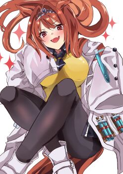 1girl agnes_tachyon_(tach-nology)_(umamusume) agnes_tachyon_(umamusume) agnes_tachyon_(umamusume)_(cosplay) animal_ears blush breasts brown_hair cosplay daiwa_scarlet_(umamusume) fang hair_between_eyes hair_intakes highres holding holding_test_tube horse_ears horse_girl horse_tail jewelry lab_coat large_breasts long_hair long_sleeves looking_at_viewer necktie open_mouth red_eyes riiko25chan shirt short_necktie skin_fang sleeves_past_fingers sleeves_past_wrists smile solo sweater tail test_tube tiara twintails umamusume very_long_hair yellow_sweater