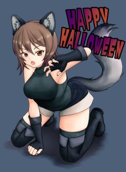 1girl amanone_yun animal_ears armpits black_boots black_dress black_gloves blue_shorts boots breasts brown_eyes brown_hair dress elbow_gloves fang fingerless_gloves full_body girls_und_panzer gloves grey_background halloween highres knee_boots kneeling large_breasts nishizumi_maho open_mouth short_hair shorts simple_background solo strapless strapless_dress tail wolf_ears wolf_girl wolf_tail