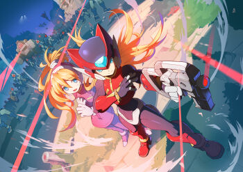1boy 1girl absurdres aqua_eyes army blonde_hair blue_eyes bodysuit boots ciel_(mega_man) gloves gun helmet highres holding holding_gun holding_weapon long_hair mega_man_(series) mega_man_zero_(series) mega_man_zero_1 open_mouth pantheon robot surrounded tanziya_(codlxcold) weapon zero(z)_(mega_man) zero_(mega_man)