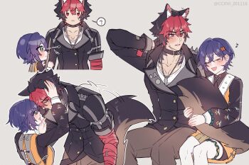 1boy 1girl ? accessories animal_ear_fluff animal_ears arm_behind_head beads beizi_(clothing) belle_(delicate_sunlight)_(zenless_zone_zero) belle_(zenless_zone_zero) black_gloves black_hair black_jacket blue_hair blush body_fur bracelet brown_pants ccxvi_201116 chibi chinese_clothes closed_eyes closed_mouth collar collarbone commentary dog_boy dog_ears dress_over_shirt gloves green_hair grey_background hair_between_eyes hair_ornament hand_on_another&#039;s_head headpat hetero highres holding_another&#039;s_tail jacket jewelry komano_manato letter_hair_ornament looking_at_another multicolored_hair multicolored_nails multiple_scars multiple_views muscular muscular_male musical_note necklace official_alternate_costume open_mouth pants pantyhose pectorals red_bandage red_eyes red_hair scar scar_across_eye scar_on_chest scar_on_face shirt short_hair sitting sleeves_rolled_up spiked_jacket spoken_question_mark sweatdrop tail tail_wagging twitter_username white_pantyhose white_shirt zenless_zone_zero