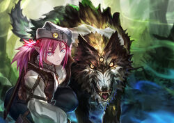 Rule 34 | 1girl, absurdres, breasts, closed mouth, earrings, extra ears, fangs, fantasy, grey eyes, grey hat, hand on animal, hat, highres, jacket, jewelry, kuro dora, long sleeves, looking at viewer, necklace, original, pants, pink hair, pointy ears, ponytail, pouch, shirt, sidelocks, signature, solo, squatting, teeth, thigh pouch, tooth necklace, underwear, wolf