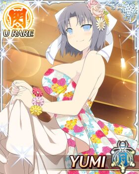 1girl blue_eyes border bow bracelet breasts card_(medium) character_name closed_mouth dress facing_viewer floral_print floral_print_dress flower flower_bracelet game_cg grey_hair hair_bow hair_flower hair_ornament jewelry large_breasts looking_at_viewer medium_hair non-web_source official_art print_dress senran_kagura senran_kagura_new_wave smile solo strapless strapless_dress striped_bow third-party_source white_bow white_dress yumi_(senran_kagura)