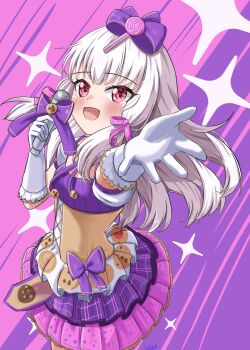 1girl absurdres alternate_costume blush bow breasts brown_corset cookie corset dress elbow_gloves fire_emblem fire_emblem:_three_houses food gloves hair_bow halloween halloween_costume highres holding holding_microphone idol long_hair looking_at_viewer lysithea_von_ordelia microphone nintendo open_mouth pink_eyes purple_bow purple_dress short_sleeves small_breasts smile solo star_(symbol) tokuh_(toku_h_) white_dress white_gloves white_hair