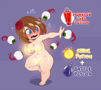 1girl blue_background blue_eyes breasts brown_hair completely_nude disembodied_eye english_text flower glowing_nipples glowing_pussy hair_flower hair_ornament huffslove large_breasts nipples nude player_character_(terraria) potion short_hair solo terraria thick_thighs thighs wide_hips