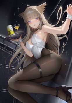 Rule 34 | 1girl, ahoge, animal ears, arknights, arknights: endfield, bare shoulders, bird ears, bird girl, black choker, black pantyhose, blue eyes, blush, breasts, brown hair, can, choker, commentary, cup, drink can, drinking glass, hands up, high heels, highres, holding, holding tray, knees up, leotard, long hair, looking at viewer, medium breasts, pantyhose, parted lips, perlica (arknights), soda can, solo, strapless, strapless leotard, thigh strap, tray, vaughnilla, white leotard