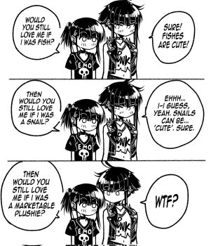 Rule 34 | 2girls, black hair, choker, comic, corrupted twitter file, ear piercing, emo-girl (grs-), english text, greyscale, grs-, highres, medium hair, meme, monochrome, multiple girls, navel, no mouth, original, piercing, ponytail, punk-girl (grs-), raised eyebrow, short hair, short ponytail, short sleeves, spiked choker, spiked jacket, spikes, sweat, sweatdrop, would you still love me if i was a worm (meme), yuri