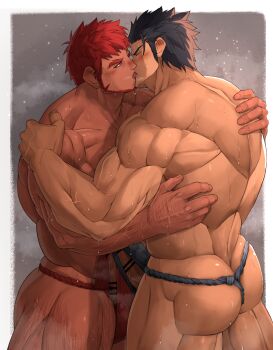 2boys ass bar_censor bara beard_stubble bellsaltr biceps black_hair blush bulge bulge_press bulges_touching censored closed_eyes erection facial_hair french_kiss frottage fundoshi highres hug huge_ass japanese_clothes kiss light_particles male_focus male_underwear manly mature_male multiple_boys muscular muscular_arms muscular_legs muscular_male original penis penises_touching red_eyes red_hair short_hair simple_background spiked_hair steam steaming_body stubble sweat sweatdrop thick_eyebrows thighs tongue underwear veins yaoi